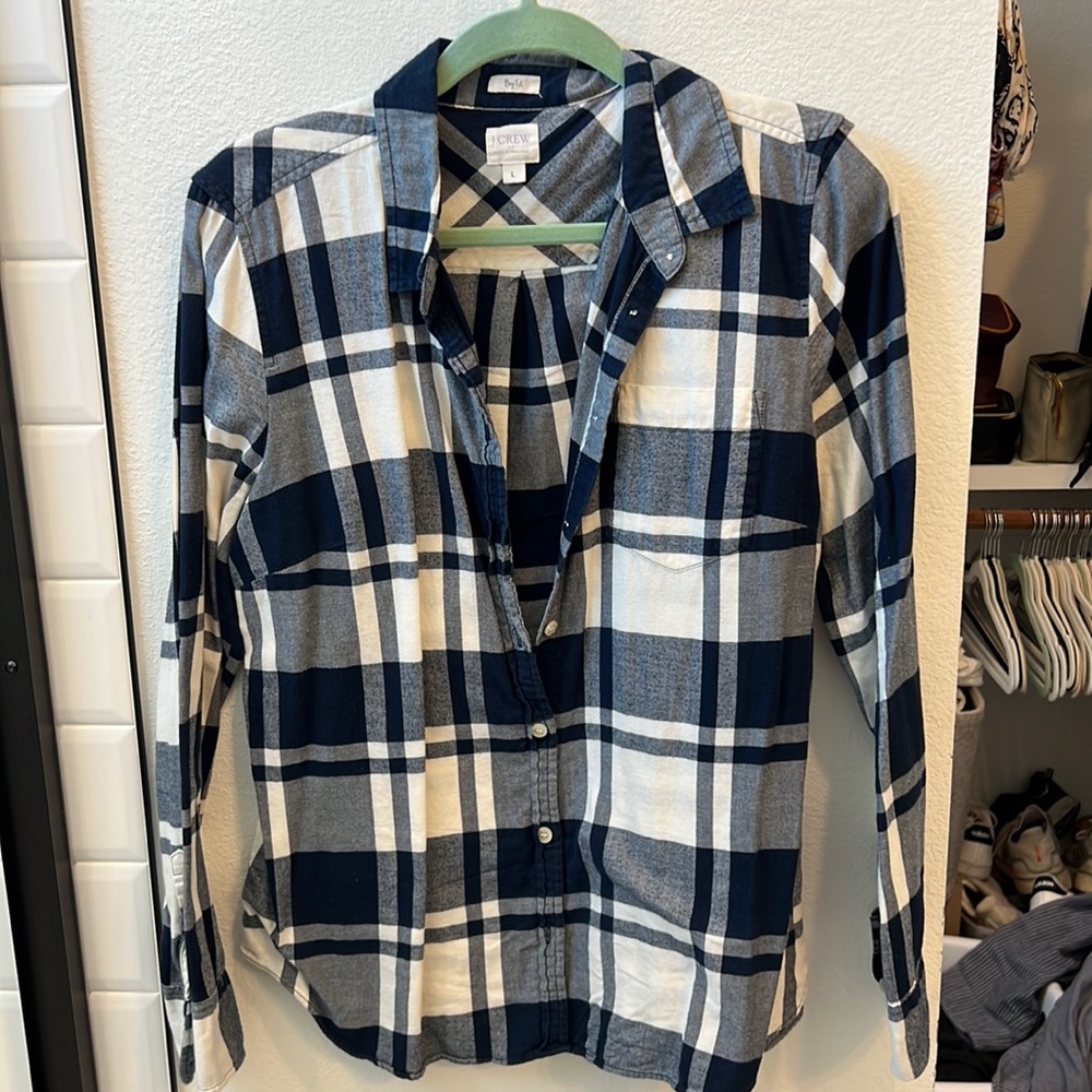 JCrew navy and white boy fit flannel